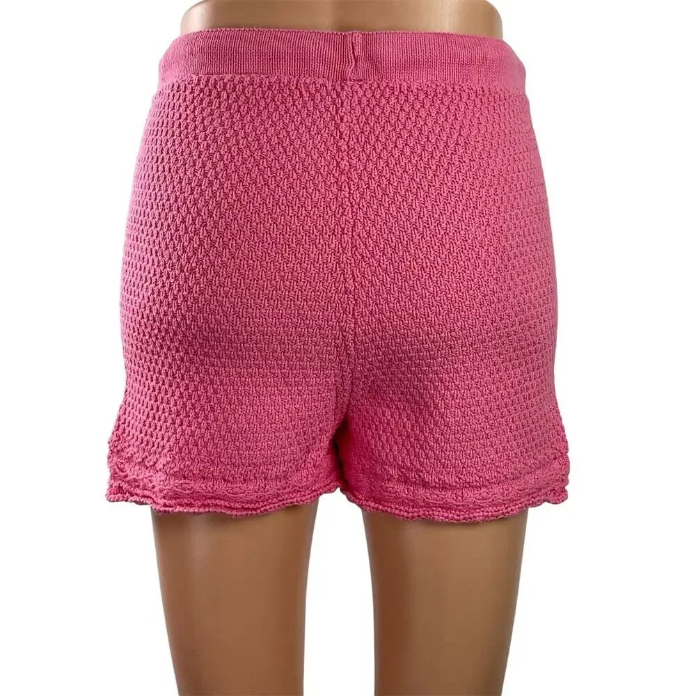 FB Sister Women's Pink Knit Crochet High Waisted Drawstring Mini Shorts Size XS